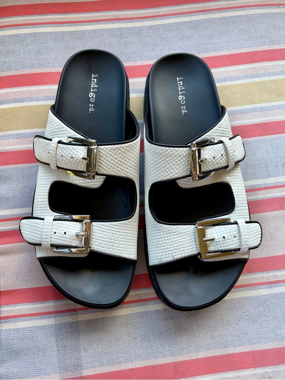 Indigo White and Black Double-Buckle Slide Sandals